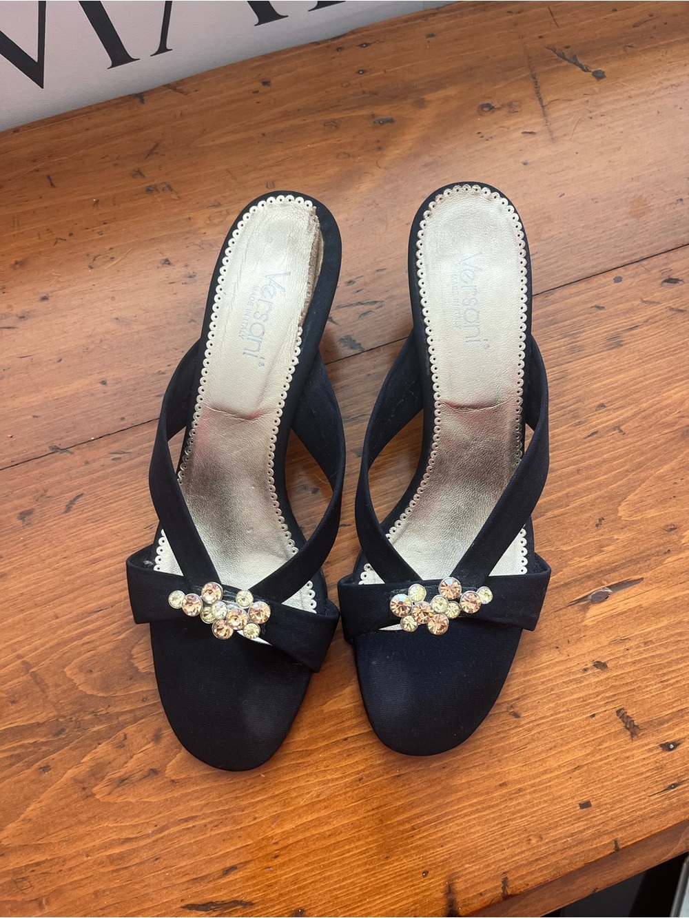 Versani Black Crystal-Accent Women's Slide Heels Size 9 - Made in Italy